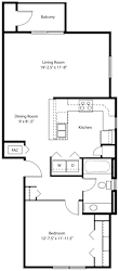 One bedroom end 2D floor plan at Dodson Pointe Apartment Homes in Rogers, Arkansas