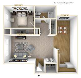 One bedroom apartment 3D floor plan layout 1 at Charter Oaks Apartments, Davison, MI, 48423