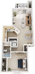 One Bedroom One Bath 3D Floor plan | 716-774 Sq. Ft. at Dupont Lakes Apartments, Fort Wayne, IN