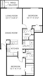 Two bedroom 2D floor plan at Dupont Lakes Apartments in Fort Wayne, IN