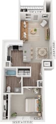 One bedroom 3D floor plan at Eagle Ridge Apartment Homes, Traverse City, MI 49685
