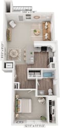 One bedroom end 3D floor plan at Eagle Ridge Apartment Homes, Traverse City, MI