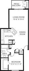 One bedroom one bathroom floor plan layout at Emerald Park Apartments, Kalamazoo, Michigan