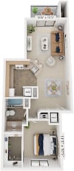 One bed one bathroom 3D floorplan with balcony at Emerald Park Apartments, Kalamazoo