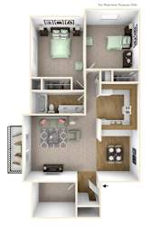 Two bedroom apartment 3D floor plan rendering at Charter Oaks Apartments, Michigan