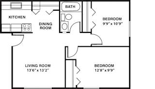 Two bedroom 2D floor plan at Glen Oaks Apartments, Michigan