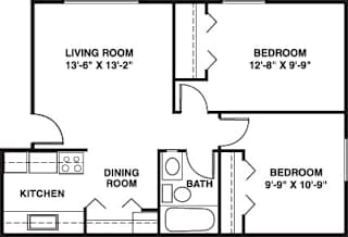 Two bedroom 2D floor plan at Granada Apartments, Jackson, Michigan