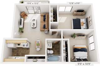 Two Bedroom One Bath 3D Floor plan at Granada Apartments, Jackson, 49202