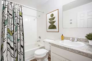 An upgraded bathroom at Hampton Lakes Apartments, Michigan, 49534
