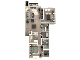 A floor plan of a house with a living room, kitchen, dining room, and two bedrooms