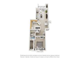 One bedroom 3D floor plan with balcony at Heatherwood Apartments, Michigan, 48439