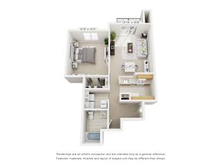 3D floor plan with one bedroom and balcony at Heatherwood Apartments, Grand Blanc, 48439