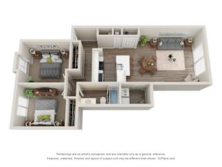 2-Bed/1-Bath, Lily Floor Plan at Hillside Apartments, Wixom, MI