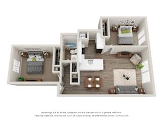 2-Bed/1-Bath, Sunflower Floor Plan at Hillside Apartments, Wixom, Michigan