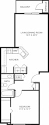 One bedroom 2D floor plan at Hunters Pond Apartment Homes, Champaign, IL, 61820