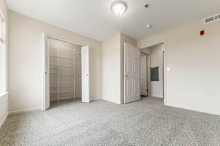 A bedroom with a carpeted floor and a walk-in closet at Hunters Pond Apartment Homes, Champaign, IL