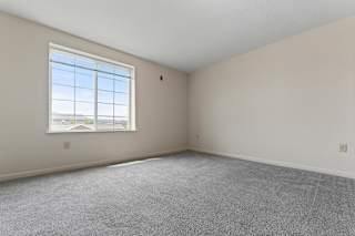 A bedroom with a large window and carpeted floor at Hunters Pond Apartment Homes, Champaign, IL, 61820