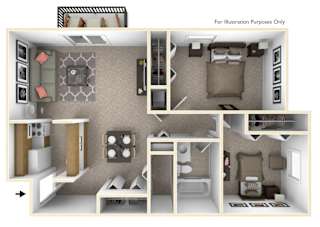 2-Bed/1-Bath, Iris View Floor Plan at Stone Ridge, Wixom, 48393