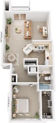 One Bedroom End 3D Floor Plan at Limestone Creek Apartment Homes, Alabama