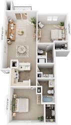 Two Bedroom 3D Floor Plan at Limestone Creek Apartment Homes, Alabama, 35756