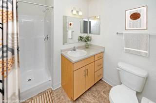a bathroom with a shower, toilet and sink at Limestone Creek Apartment Homes, Madison, AL