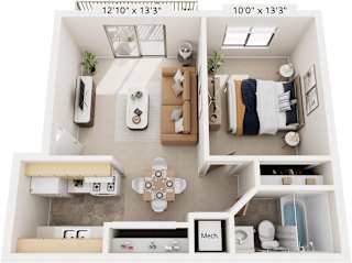 One Bedroom One Bath 3D Floor Plan at Madeira Apartments, Michigan