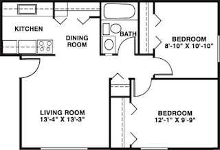 Two bedroom 2D floor plan  at Normandy Village Apartments, Michigan City, 46360