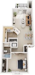 One Bedroom 3D Floor Plan at Oak Shores Apartments, Oak Creek