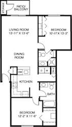 Two bedroom 2D floor plan at Oak Shores Apartments, Oak Creek