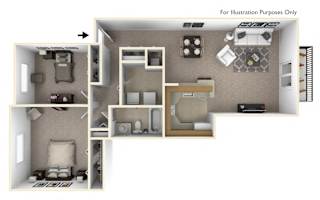 2-Bed/1-Bath, Petunia Floor Plan at Portsmouth Apartments, Novi, MI