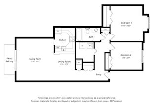 A floor plan of a house with two bedrooms, a living room, a dining room, a kitchen, a bathroom, and a patio/balcony.