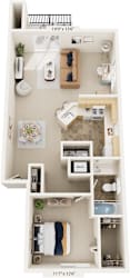 One Bedroom End 3D Floor Plan at Pine Knoll Apartments, Michigan