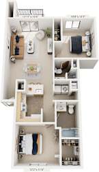 Two Bedroom, Two Bath 3D Floor Plan at Pine Knoll Apartments, Michigan, 49014