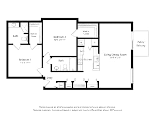 2 Bed 2 Bath Floor Plan at Portsmouth Apartments, Novi, Michigan