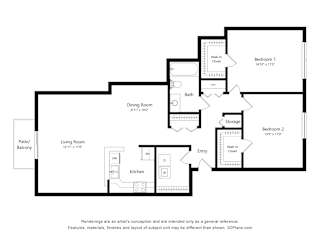2 Bed 1 Bath Floor Plan at Prairie Lakes Apartments, Illinois, 61615