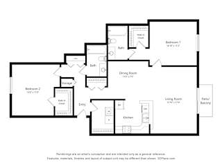 2 Bed 2 Bath Floor Plan at Prairie Lakes Apartments, Peoria, IL, 61615
