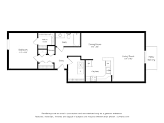 1 Bed 1 Bath Floor Plan at Prairie Lakes Apartments, Illinois