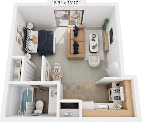 Studio 3D Floor Plan at Seville Apartments, Kalamazoo