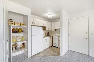 studio kitchen with large closet at Seville Apartments in Kalamazoo, MI 49009