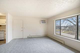 A living room with a grey carpet and a window showing a tree at Seville Apartments, Michigan
