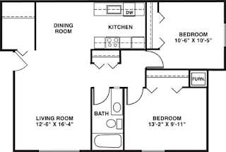 Two bedroom 2D floor plan at Seville Apartments in Kalamazoo, MI