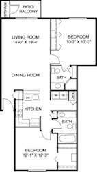 Two bedroom two bath full size 2D floor plan at South Bridge Apartments, Fort Wayne, IN, 46816