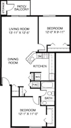 Two bedroom one bath stackable 2D floor plan at South Bridge Apartments, Fort Wayne, IN, 46816