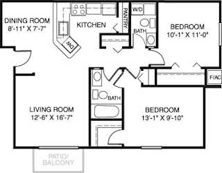Two bedroom one and one half bath seville 2D floor plan at South Bridge Apartments, Fort Wayne, IN, 46816