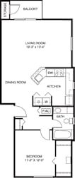 One bedroom One Bath Full-Size Washer and Dryer 2D floor plan at South Bridge Apartments, Fort Wayne, IN, 46816