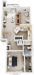 One Bedroom End 3D Floor Plan at South Bridge Apartments, Fort Wayne, 46816