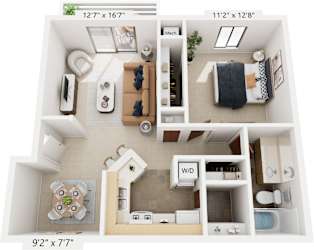 One Bedroom Seville 3D Floor Plan at South Bridge Apartments, Indiana, 46816