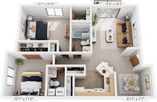 Two Bedroom, One & One-half Bath Seville 3D Floor Plan at South Bridge Apartments, Fort Wayne, IN, 46816