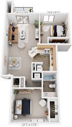 Two Bedroom, One Bath Stackable 3D Floor Plan at South Bridge Apartments, Fort Wayne, IN