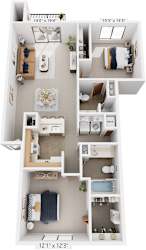 Two Bedroom, Two Bath Full-size 3D Floor Plan at South Bridge Apartments, Fort Wayne, Indiana